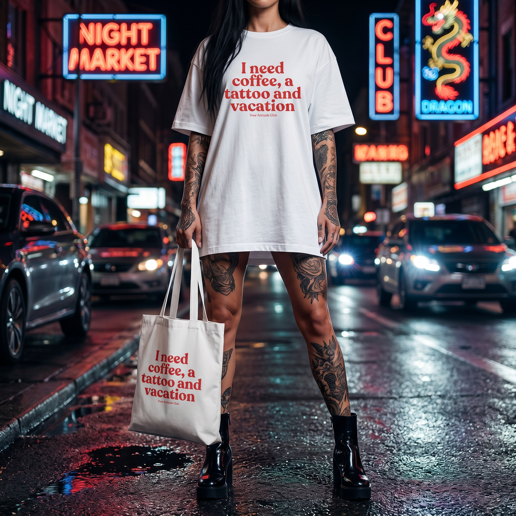 I need coffee, a tattoo and vacation Beutel – Baumwoll Tragetasche mit Spruch, Shopper Bag Damen Herren, Statement Stoffbeutel groß, Streetwear Tasche
