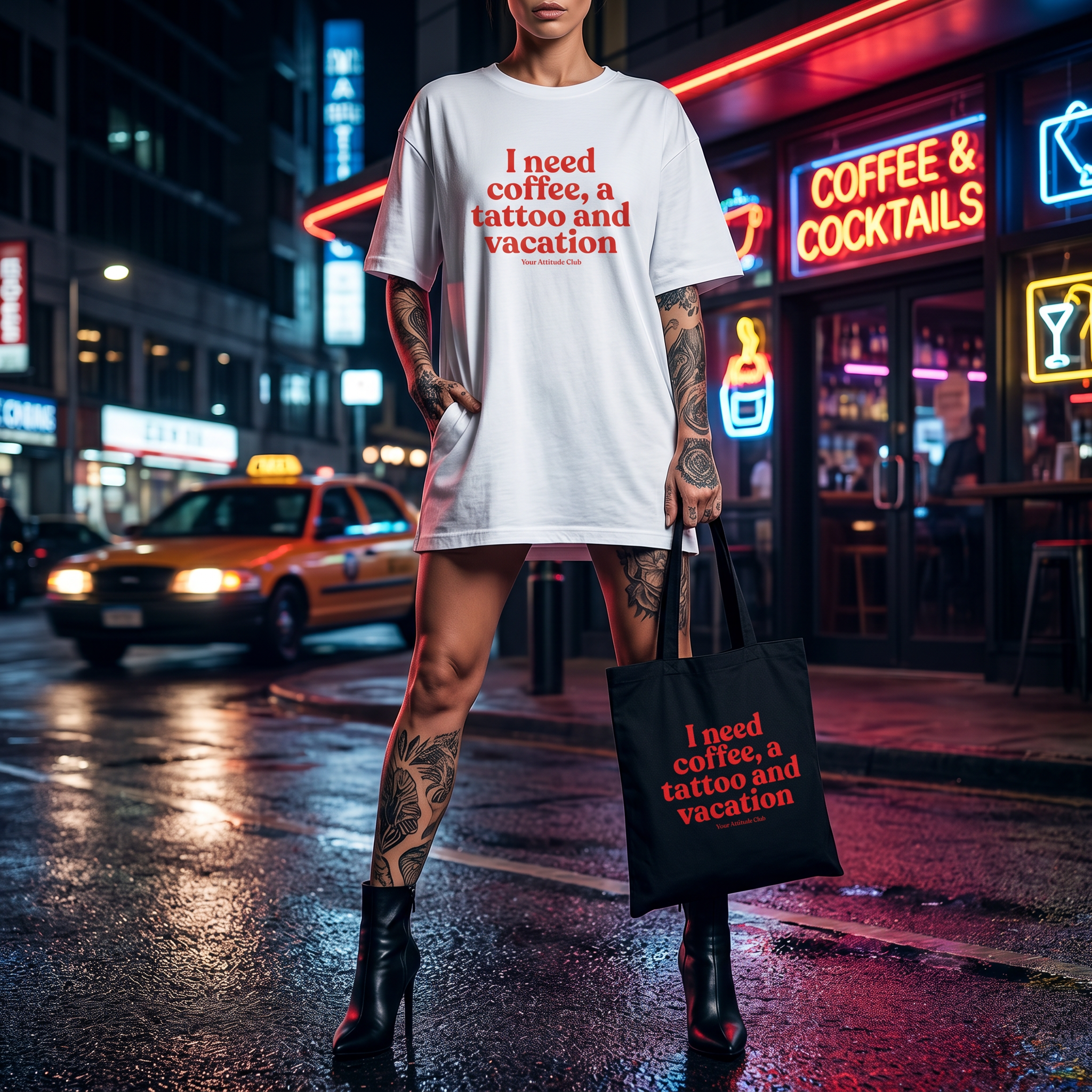 I need coffee, a tattoo and vacation Shirt mit Frontprint – Oversize Unisex T-Shirt aus 100% Baumwolle, Streetwear Statement