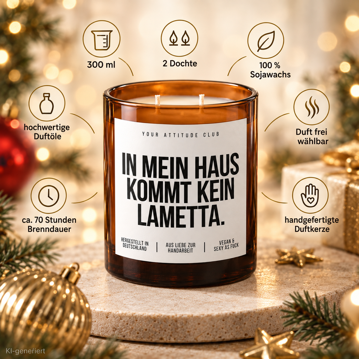 IN MEIN HAUS KOMMT KEIN LAMETTA. – Weihnachtskerze | Lustiges Weihnachtsgeschenk | Geschenk für Freunde, Familie & Kolleg:innen | Geschenkidee Weihnachten