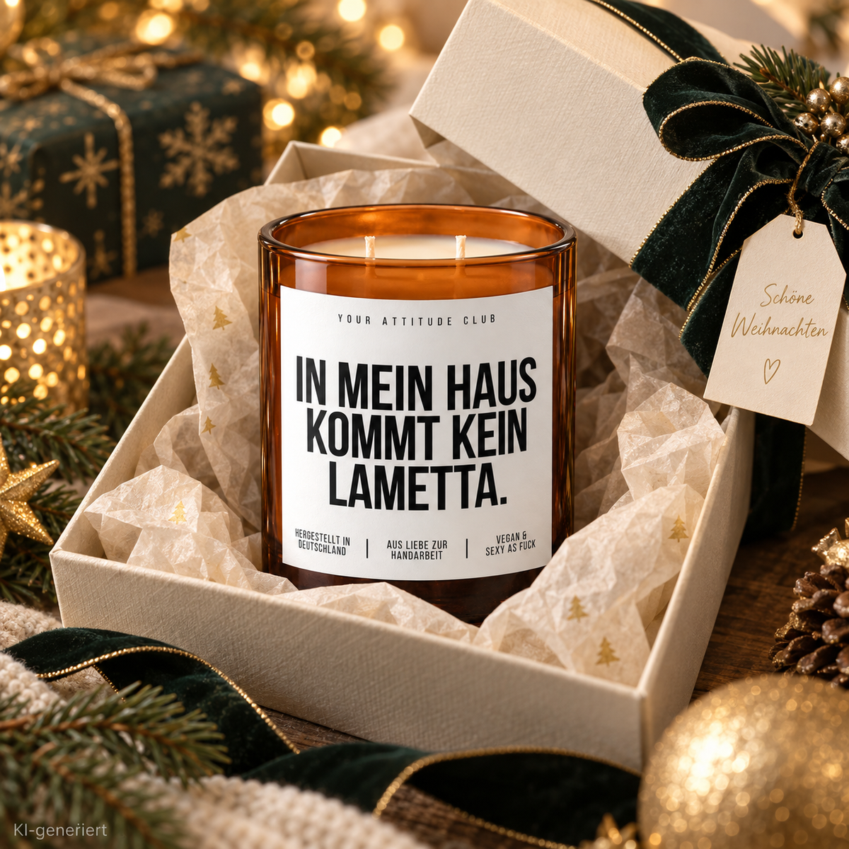 IN MEIN HAUS KOMMT KEIN LAMETTA. – Weihnachtskerze | Lustiges Weihnachtsgeschenk | Geschenk für Freunde, Familie & Kolleg:innen | Geschenkidee Weihnachten