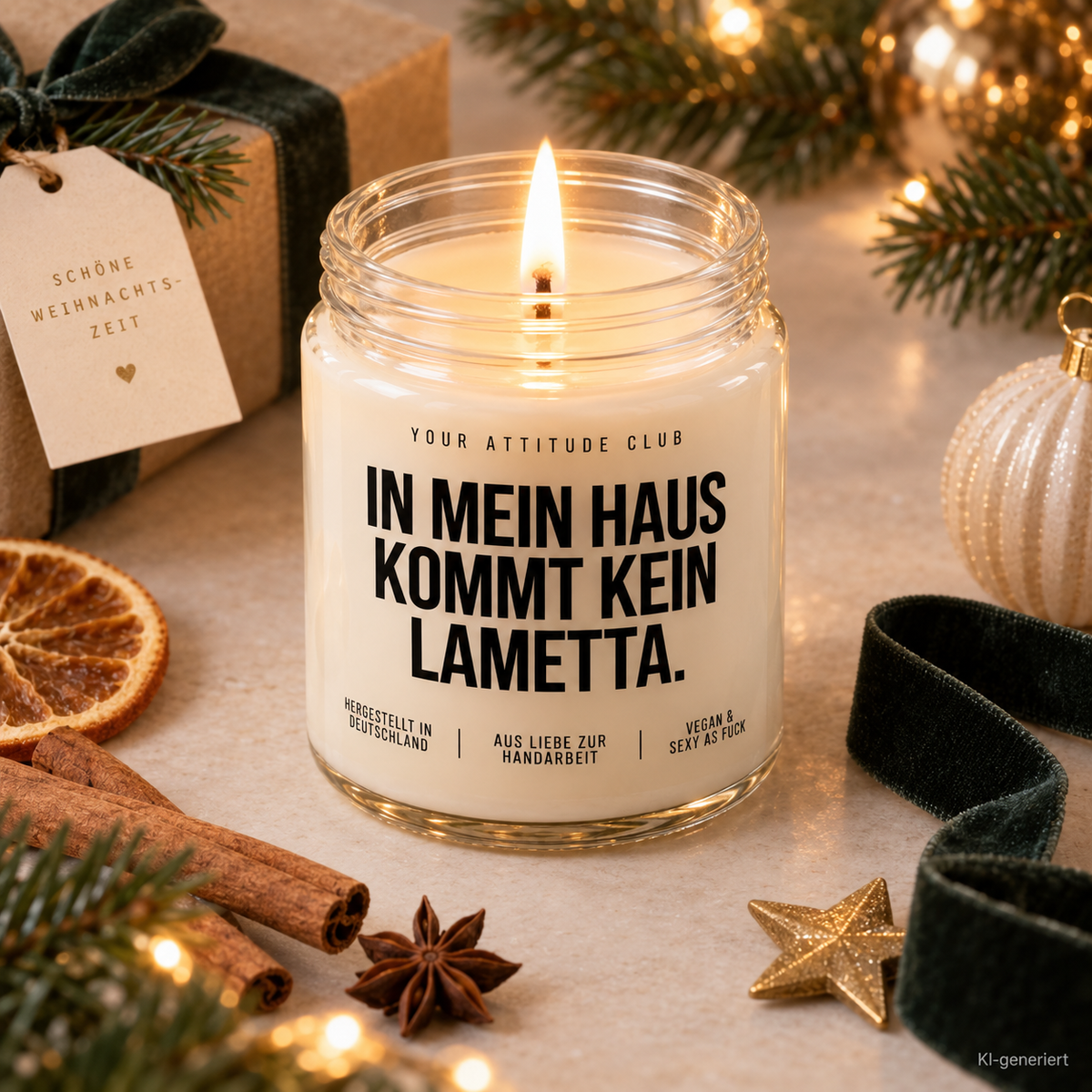 IN MEIN HAUS KOMMT KEIN LAMETTA. | Weihnachtskerze Duftkerze Weihnachten Weihnachtsgeschenk Wichtelgeschenk Geschenkidee für Familie Freunde