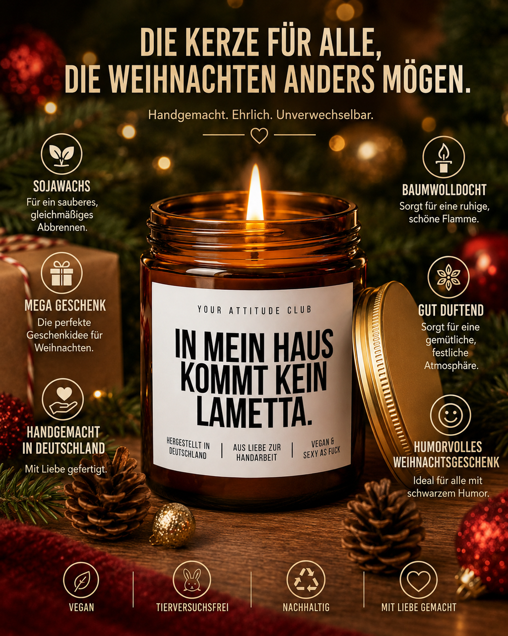 IN MEIN HAUS KOMMT KEIN LAMETTA Weihnachtskerze mit Spruch | lustige Duftkerze | freches Weihnachtsgeschenk | Wichtelgeschenk | Sojawachs Kerze handgemacht
