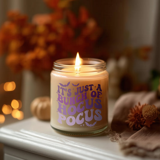 It’s Just A Bunch Of Hocus Pocus Kerze vegane Halloween Duftkerze, spooky Herbstdeko, nachhaltige Geschenkidee Frauen, Sojawachs Kerze im Glas