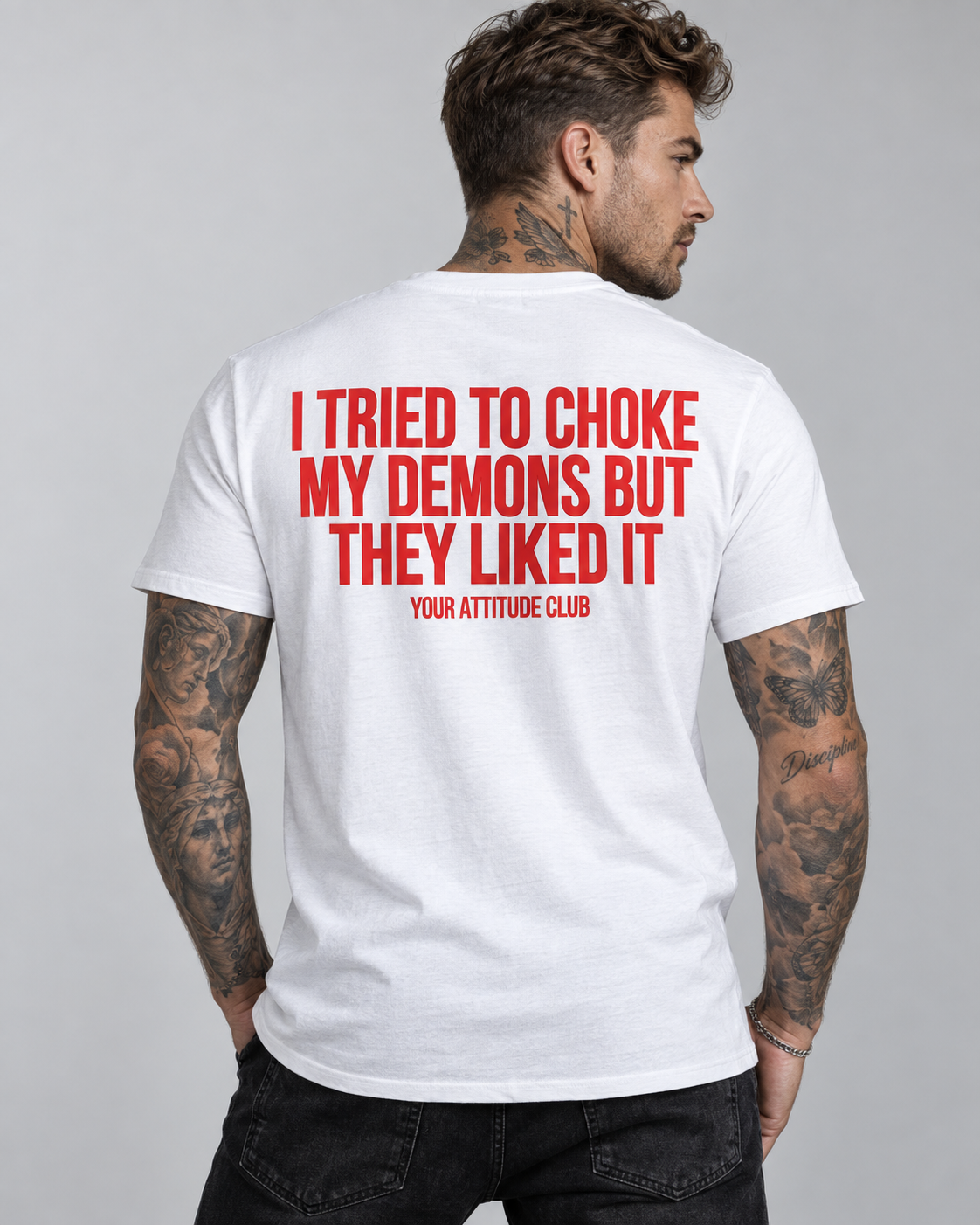 I TRIED TO CHOKE MY DEMONS BUT THEY LIKED IT – Unisex Statement T-Shirt Weiß mit rotem Backprint | schwarzer Humor Sprüche Shirt