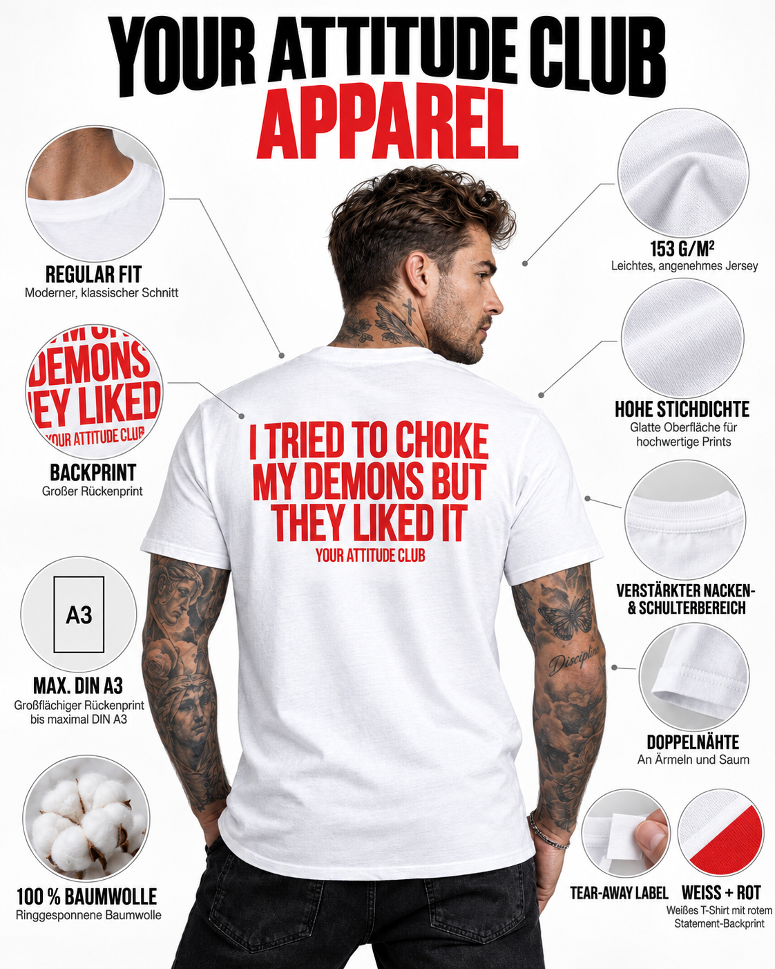 I TRIED TO CHOKE MY DEMONS BUT THEY LIKED IT – Unisex Statement T-Shirt Weiß mit rotem Backprint | schwarzer Humor Sprüche Shirt