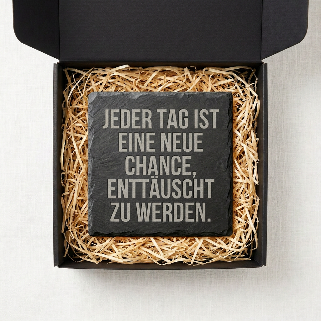 Jeder Tag ist eine neue Chance, enttäuscht zu werden. – Schiefer Untersetzer 10x10 cm, lustiges Büro Geschenk, Geschenk für Arbeitskollegen, handgravierter Naturstein