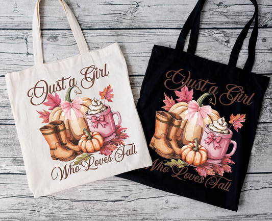 Just a Girl Who Loves Fall | Tragetasche mit Spruch – Baumwollbeutel mit Attitude