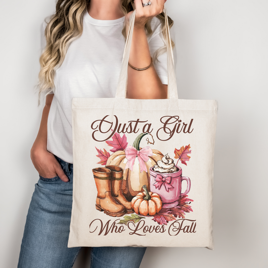 Herbst Tasche „Just a Girl Who Loves Fall“ – Baumwollbeutel mit Herbstmotiv – Geschenk für Herbstliebhaber – Beige, Rosa, Schwarz – Auch als Bügelbild