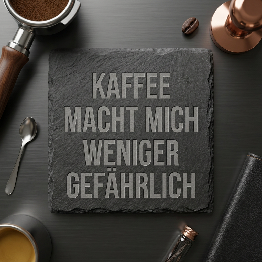 Kaffee macht mich weniger gefährlich – Schiefer Untersetzer 10x10 cm, lustiges Büro Geschenk, Geschenk für Arbeitskollegen, handgravierter Naturstein
