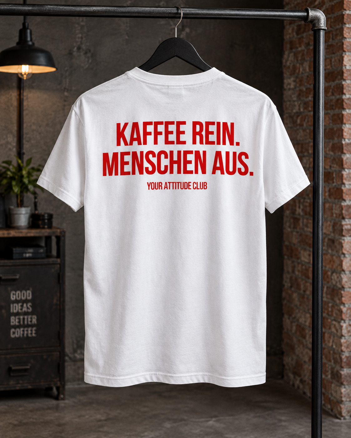 KAFFEE REIN. MENSCHEN AUS. – Unisex Statement T-Shirt Weiß mit rotem Backprint | lustiges Sprüche Shirt