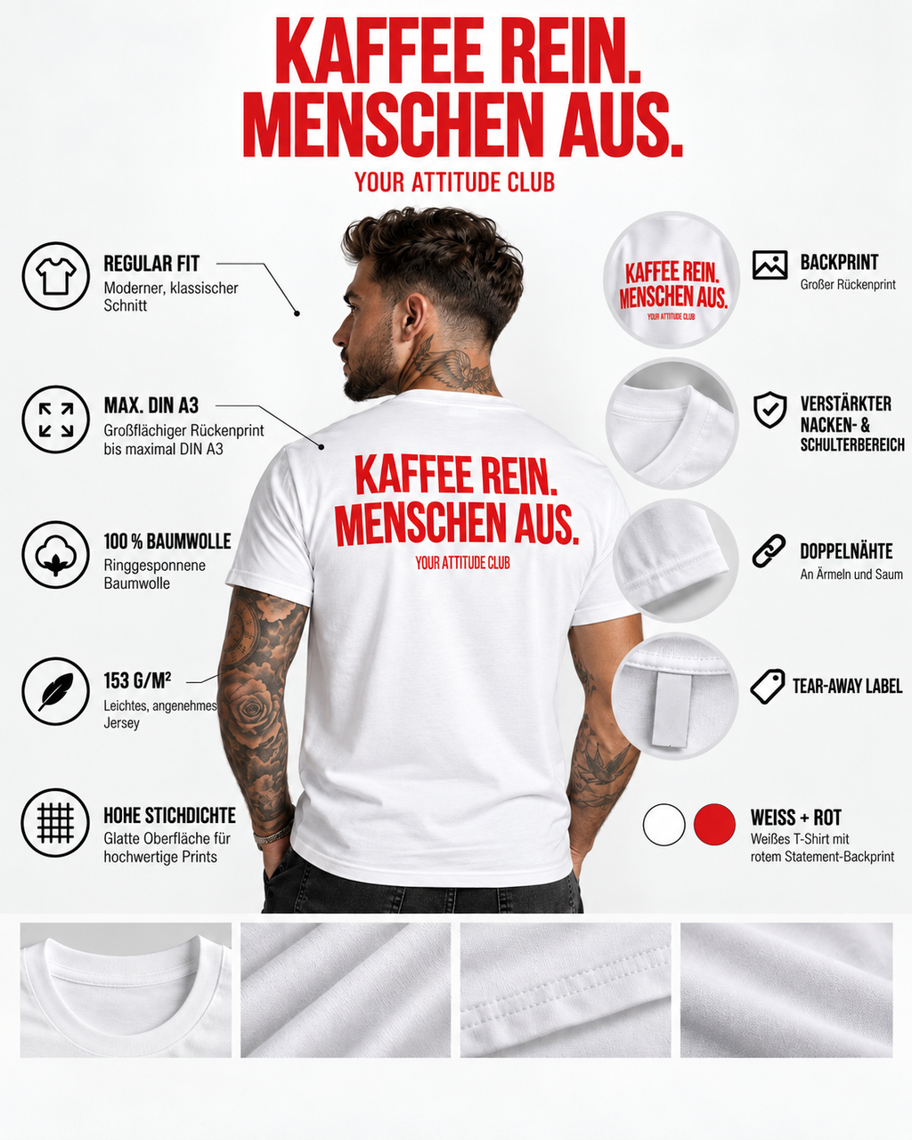 KAFFEE REIN. MENSCHEN AUS. – Unisex Statement T-Shirt Weiß mit rotem Backprint | lustiges Sprüche Shirt
