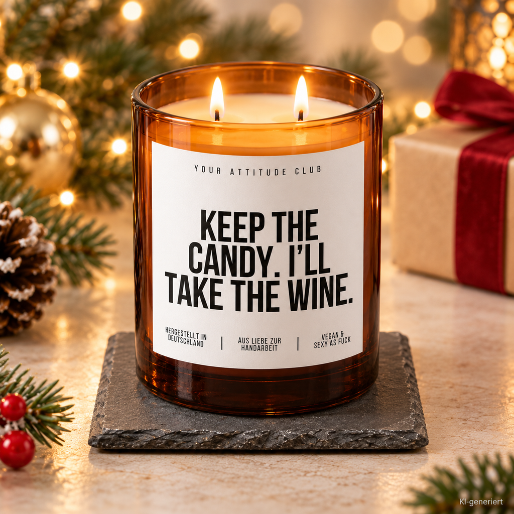 KEEP THE CANDY. I’LL TAKE THE WINE. – Weihnachtskerze Naturgras Etikett | Weihnachtsgeschenk | Geschenk für Freunde | Geschenkidee Weihnachten