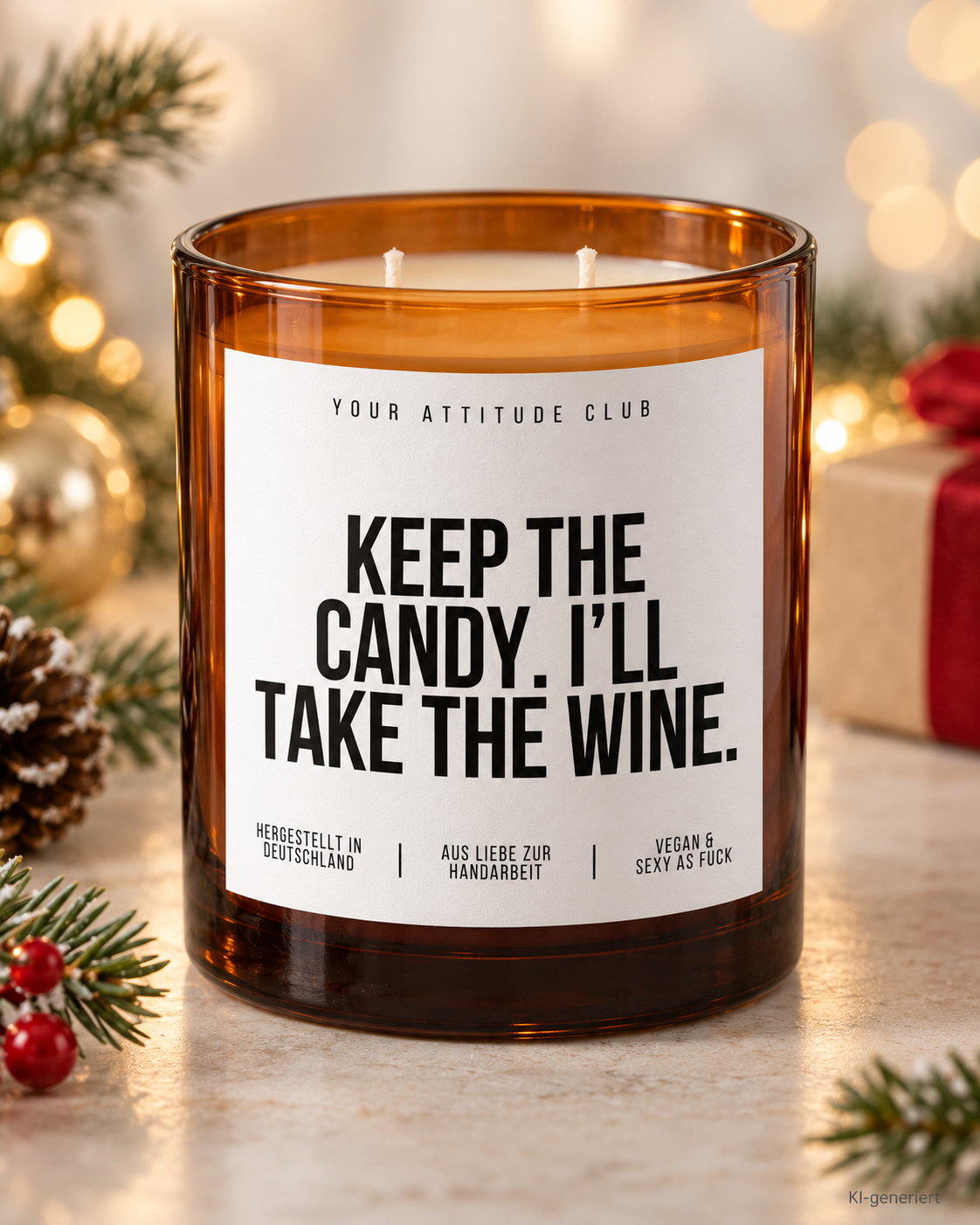 KEEP THE CANDY. I’LL TAKE THE WINE. – Weihnachtskerze Naturgras Etikett | Weihnachtsgeschenk | Geschenk für Freunde | Geschenkidee Weihnachten