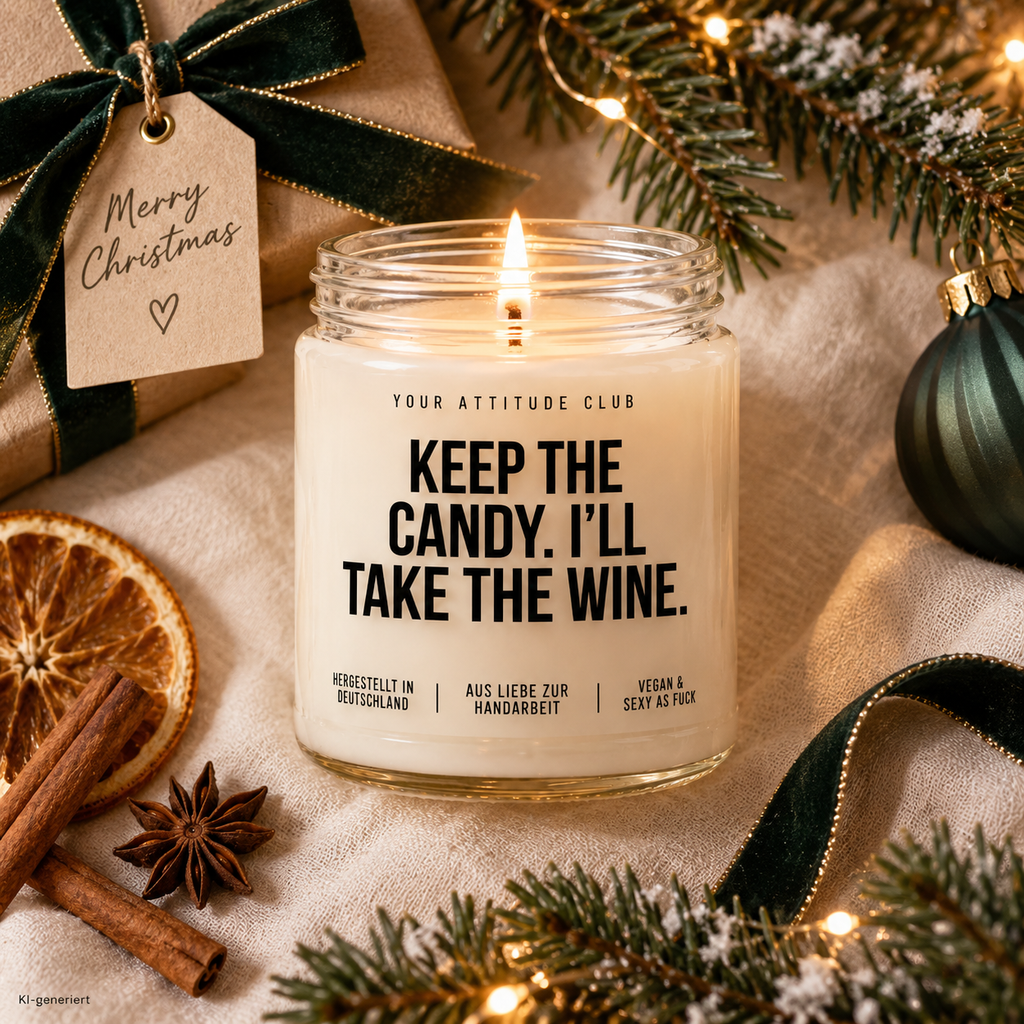 KEEP THE CANDY. I’LL TAKE THE WINE. | Weihnachtskerze Duftkerze Weihnachten Weihnachtsgeschenk Wichtelgeschenk Geschenkidee für Freunde Kollegin