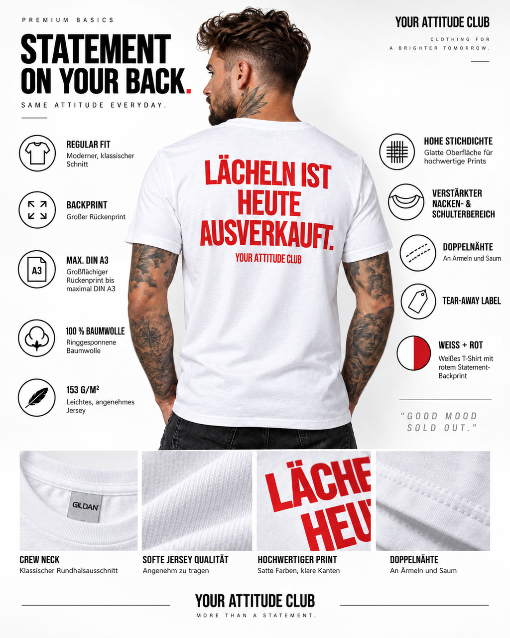 LÄCHELN IST HEUTE AUSVERKAUFT. – Unisex Statement T-Shirt Weiß mit rotem Backprint | sarkastisches Sprüche Shirt