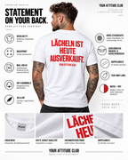LÄCHELN IST HEUTE AUSVERKAUFT. – Unisex Statement T-Shirt Weiß mit rotem Backprint | sarkastisches Sprüche Shirt