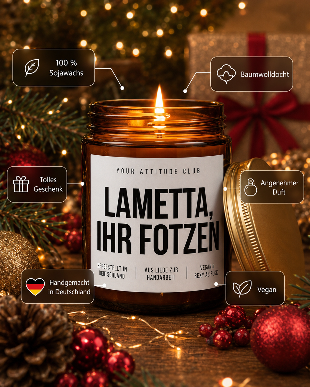 LAMETTA, IHR FOTZEN Weihnachtskerze mit Spruch | freche Duftkerze | lustiges Weihnachtsgeschenk für Erwachsene | Wichtelgeschenk | Sojawachs Kerze