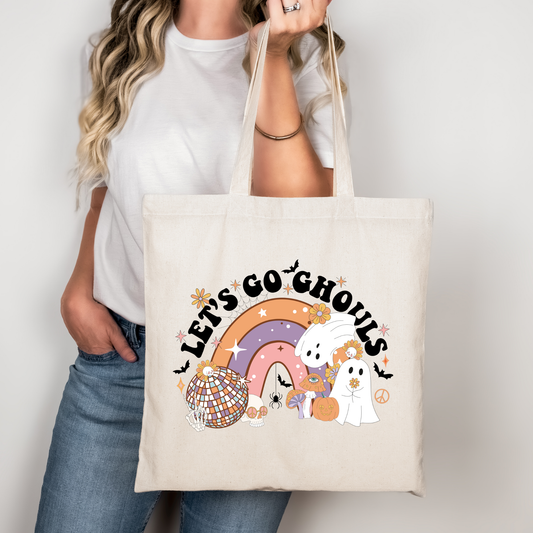 Let’s Go Ghouls Halloween Tragetasche – Baumwollbeutel 38x42cm – rosa, beige & schwarz – auch als Bügelbild für Shirt & Kissen erhältlich