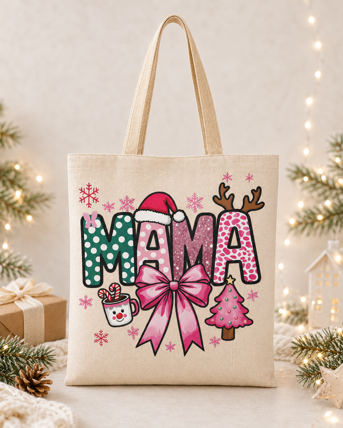 Mama Christmas – Weihnachtlicher Stoffbeutel für Mama aus 100 % Baumwolle | Weihnachtstasche mit rosa Schleife | Geschenk für die beste Mama