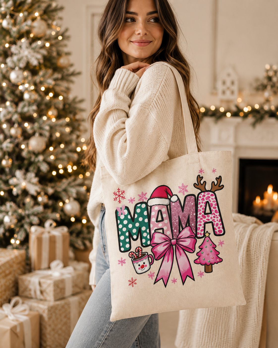 Mama Christmas – Weihnachtlicher Stoffbeutel für Mama aus 100 % Baumwolle | Weihnachtstasche mit rosa Schleife | Geschenk für die beste Mama