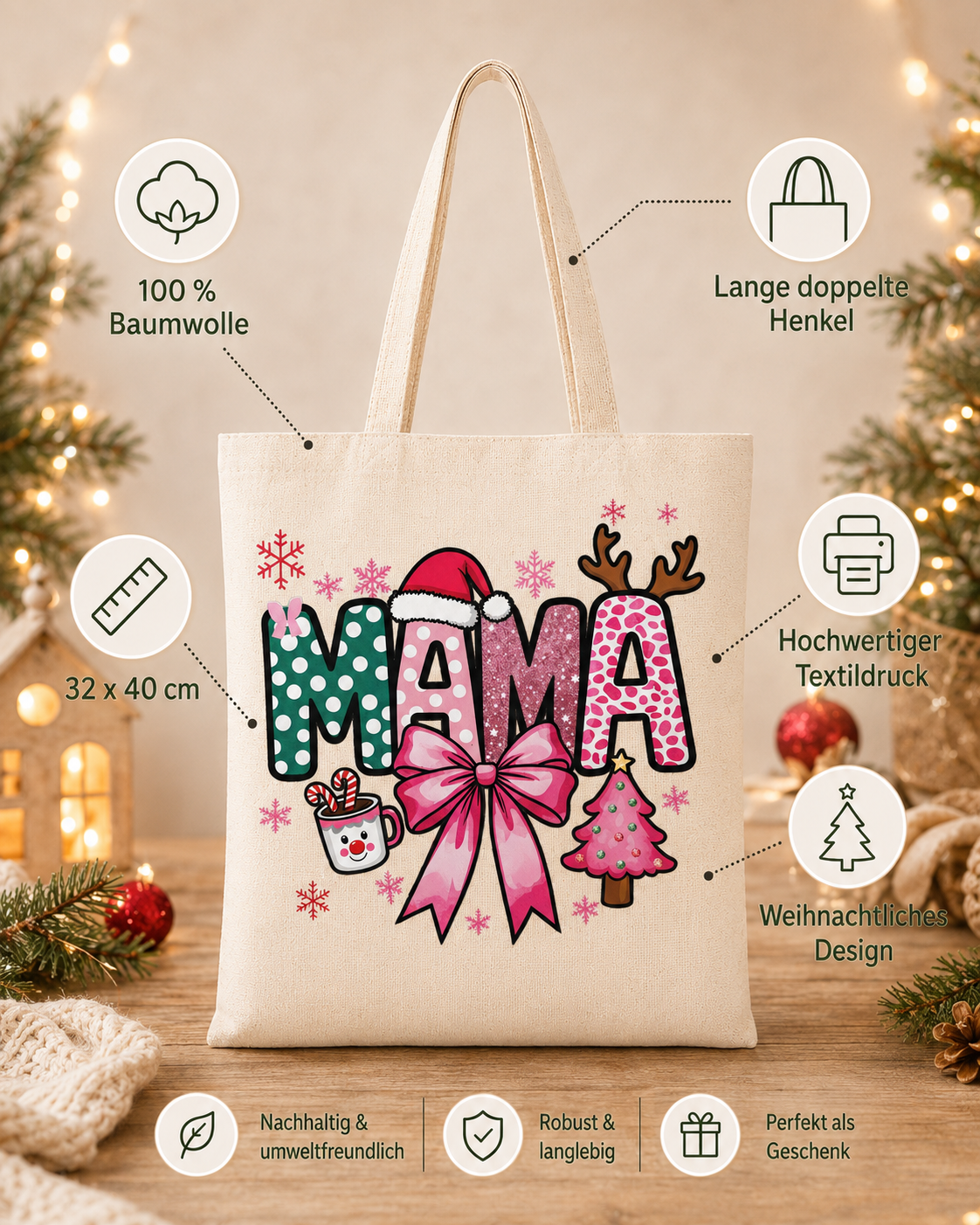 Mama Christmas – Weihnachtlicher Stoffbeutel für Mama aus 100 % Baumwolle | Weihnachtstasche mit rosa Schleife | Geschenk für die beste Mama