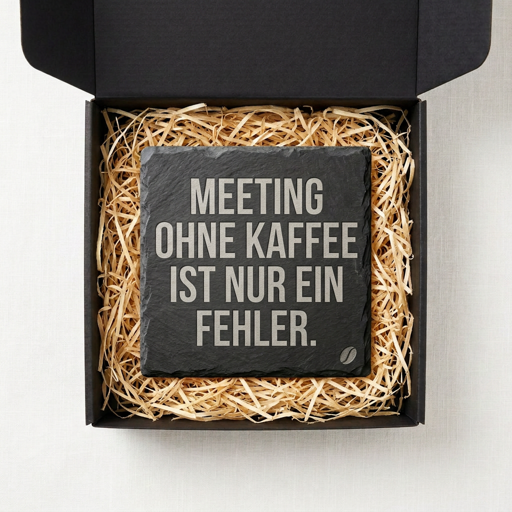 Meeting ohne Kaffee ist nur ein Fehler. – Schiefer Untersetzer 10x10 cm, lustiges Büro Geschenk, Geschenk für Arbeitskollegen, handgravierter Naturstein