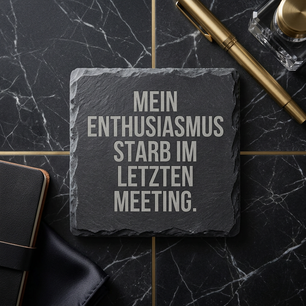 Mein Enthusiasmus starb im letzten Meeting. – Schiefer Untersetzer 10x10 cm, lustiges Büro Geschenk, Geschenk für Arbeitskollegen, handgravierter Naturstein