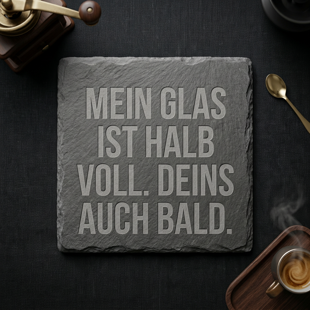 Mein Glas ist halb voll. Deins auch bald. – Schiefer Untersetzer 10x10 cm, lustiges Geschenk für Arbeitskollegen, Büro Geschenk, handgravierter Naturstein