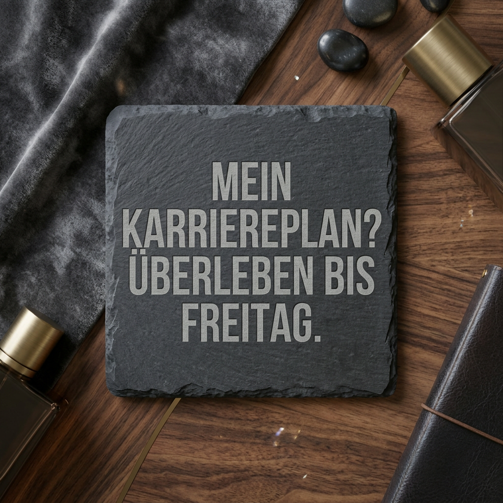 Mein Karriereplan? Überleben bis Freitag. – Schiefer Untersetzer 10x10 cm, lustiges Büro Geschenk, Geschenk für Arbeitskollegen, handgravierter Naturstein