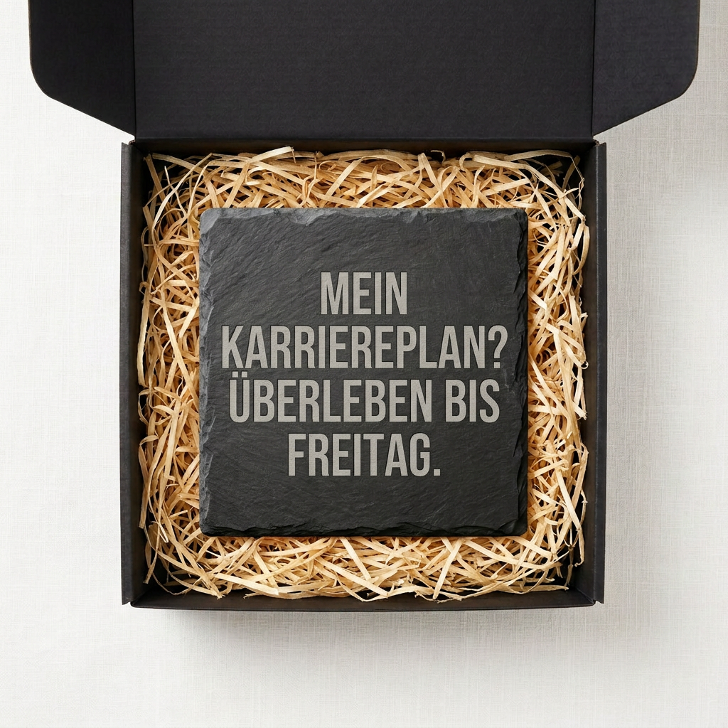 Mein Karriereplan? Überleben bis Freitag. – Schiefer Untersetzer 10x10 cm, lustiges Büro Geschenk, Geschenk für Arbeitskollegen, handgravierter Naturstein