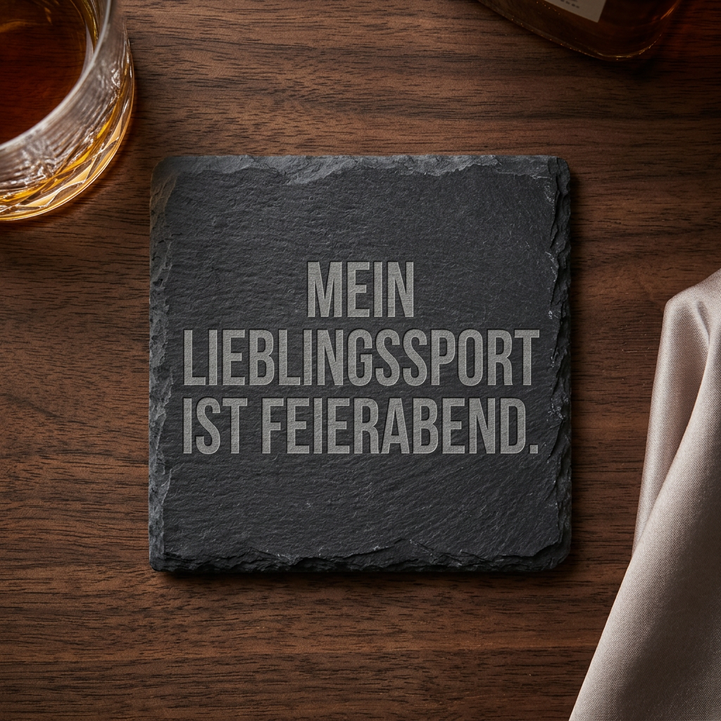 Mein Lieblingssport ist Feierabend. – Schiefer Untersetzer 10x10 cm, lustiges Büro Geschenk, Geschenk für Arbeitskollegen, handgravierter Naturstein