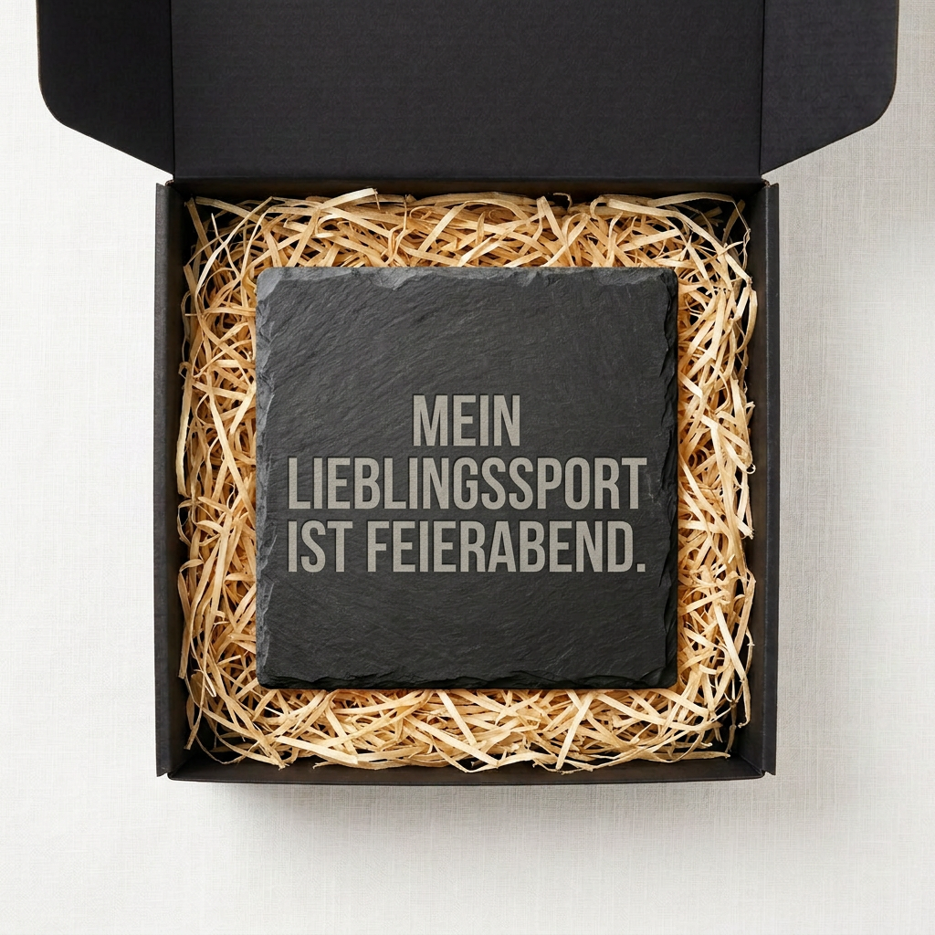 Mein Lieblingssport ist Feierabend. – Schiefer Untersetzer 10x10 cm, lustiges Büro Geschenk, Geschenk für Arbeitskollegen, handgravierter Naturstein
