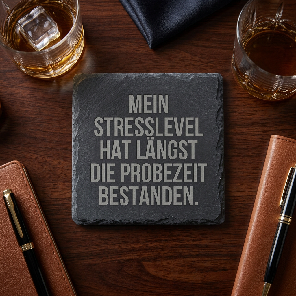 Mein Stresslevel hat längst die Probezeit bestanden. – Schiefer Untersetzer 10x10 cm, lustiges Büro Geschenk, Geschenk für Arbeitskollegen, handgravierter Naturstein