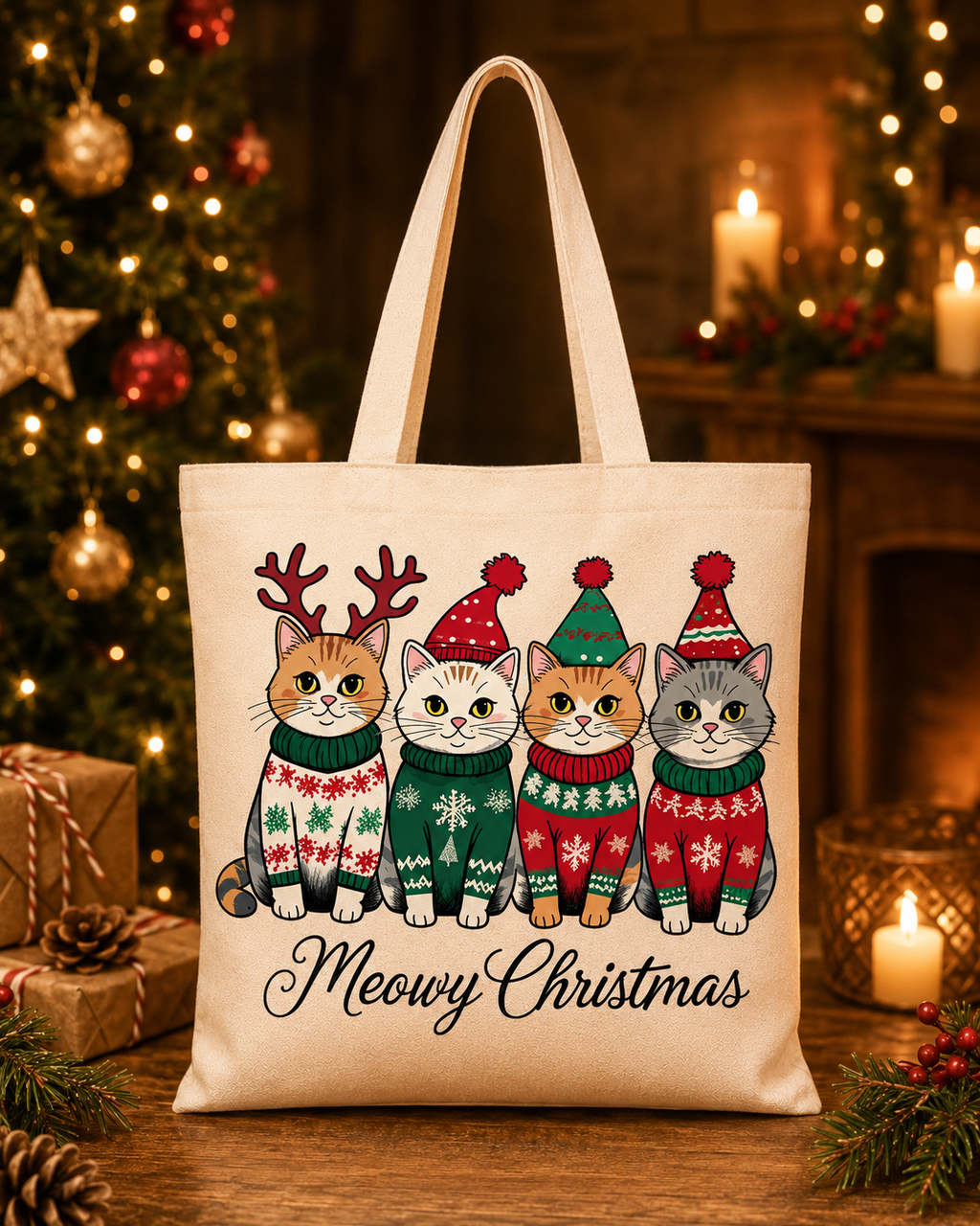 Meowy Christmas – Weihnachtlicher Stoffbeutel mit Katzenmotiv | Baumwolltasche für Katzenliebhaber | Nachhaltiges Weihnachtsgeschenk