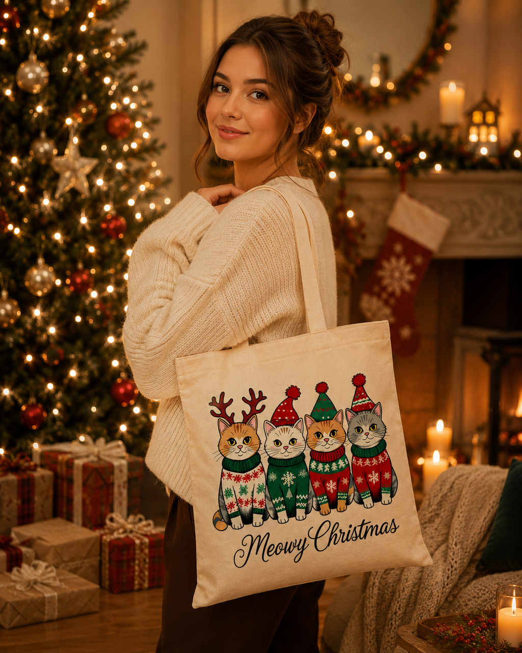 Meowy Christmas – Weihnachtlicher Stoffbeutel mit Katzenmotiv | Baumwolltasche für Katzenliebhaber | Nachhaltiges Weihnachtsgeschenk
