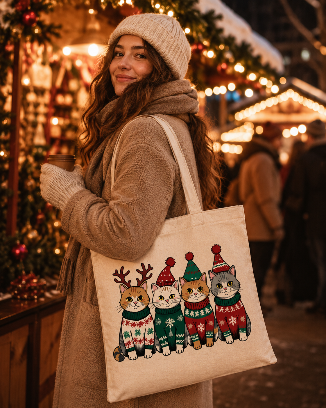 Meowy Christmas – Weihnachtlicher Stoffbeutel mit Katzenmotiv | Baumwolltasche für Katzenliebhaber | Nachhaltiges Weihnachtsgeschenk