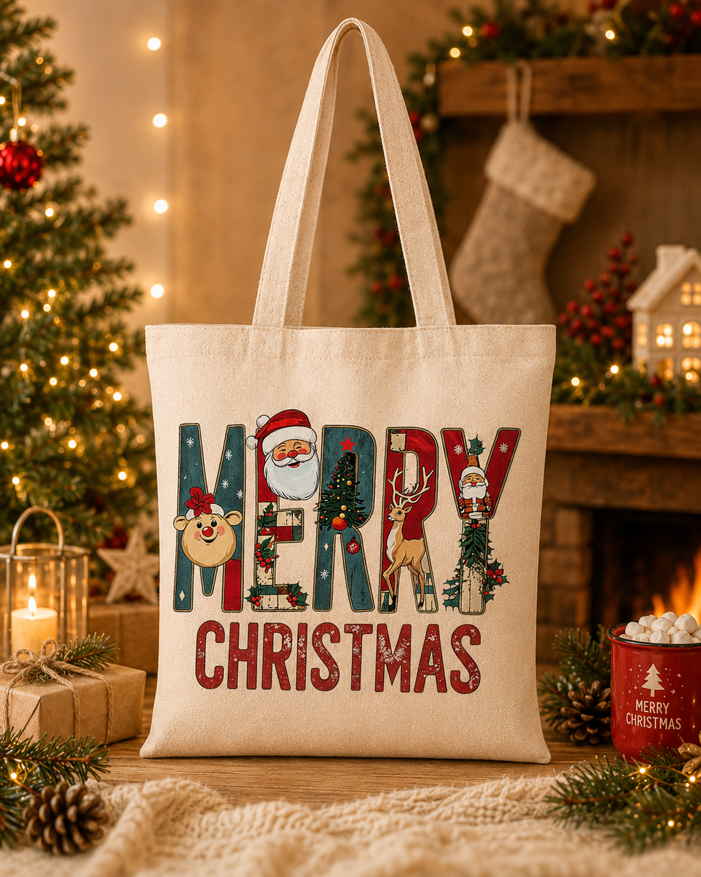 Merry Christmas – Weihnachtlicher Stoffbeutel aus 100 % Baumwolle | Nachhaltige Weihnachtstasche mit langen Henkeln | Geschenk für Weihnachten