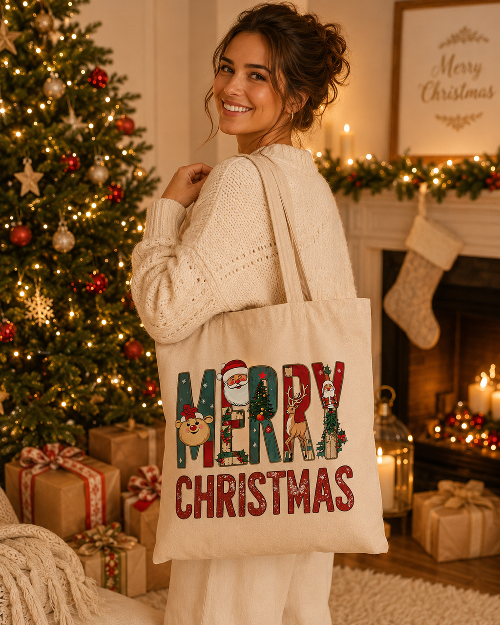 Merry Christmas – Weihnachtlicher Stoffbeutel aus 100 % Baumwolle | Nachhaltige Weihnachtstasche mit langen Henkeln | Geschenk für Weihnachten