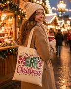 Merry Christmas – Weihnachtlicher Stoffbeutel aus 100 % Baumwolle | Bunte Weihnachtstasche mit langen Henkeln | Nachhaltige Geschenkidee