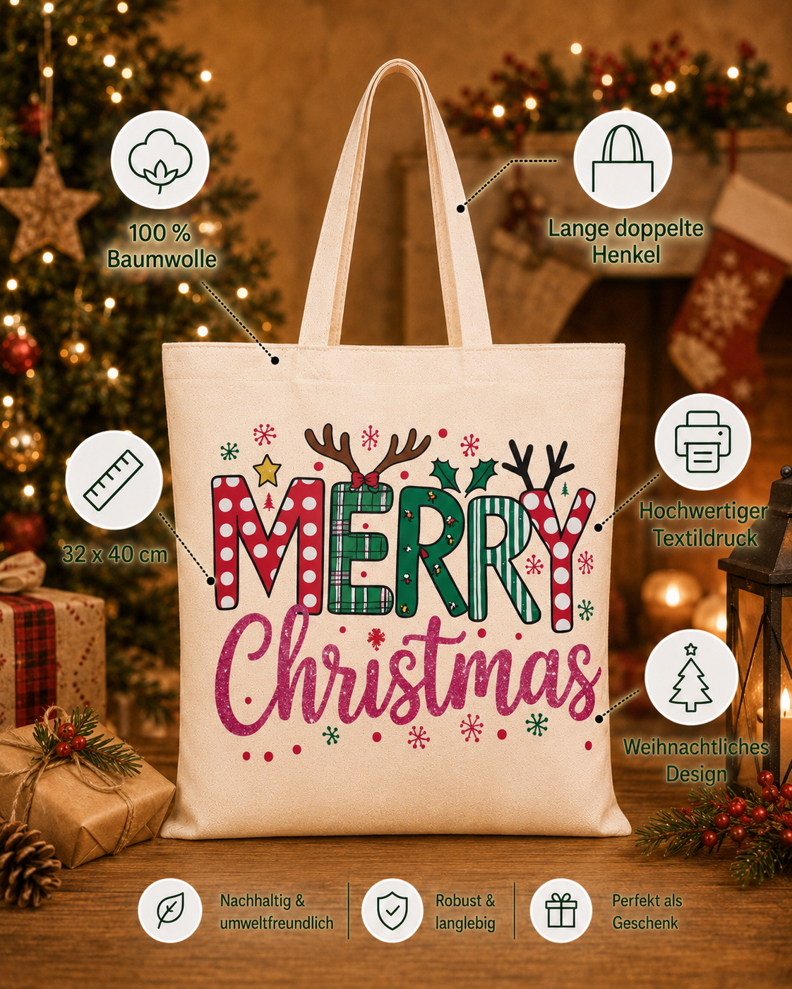 Merry Christmas – Weihnachtlicher Stoffbeutel aus 100 % Baumwolle | Bunte Weihnachtstasche mit langen Henkeln | Nachhaltige Geschenkidee