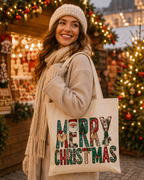 Merry Christmas – Weihnachtlicher Stoffbeutel aus 100 % Baumwolle | Nachhaltige Weihnachtstasche mit langen Henkeln | Geschenk für Weihnachten