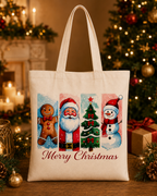 Merry Christmas – Weihnachtlicher Stoffbeutel mit Weihnachtsmann, Schneemann, Lebkuchenmann und Tannenbaum | Baumwolltasche | Geschenkidee