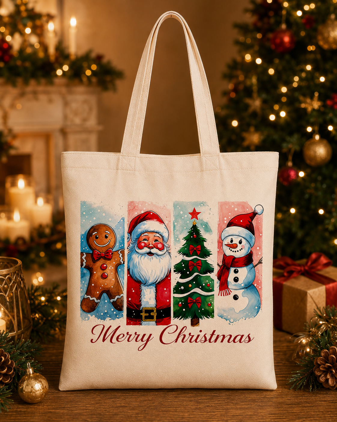 Merry Christmas – Weihnachtlicher Stoffbeutel mit Weihnachtsmann, Schneemann, Lebkuchenmann und Tannenbaum | Baumwolltasche | Geschenkidee