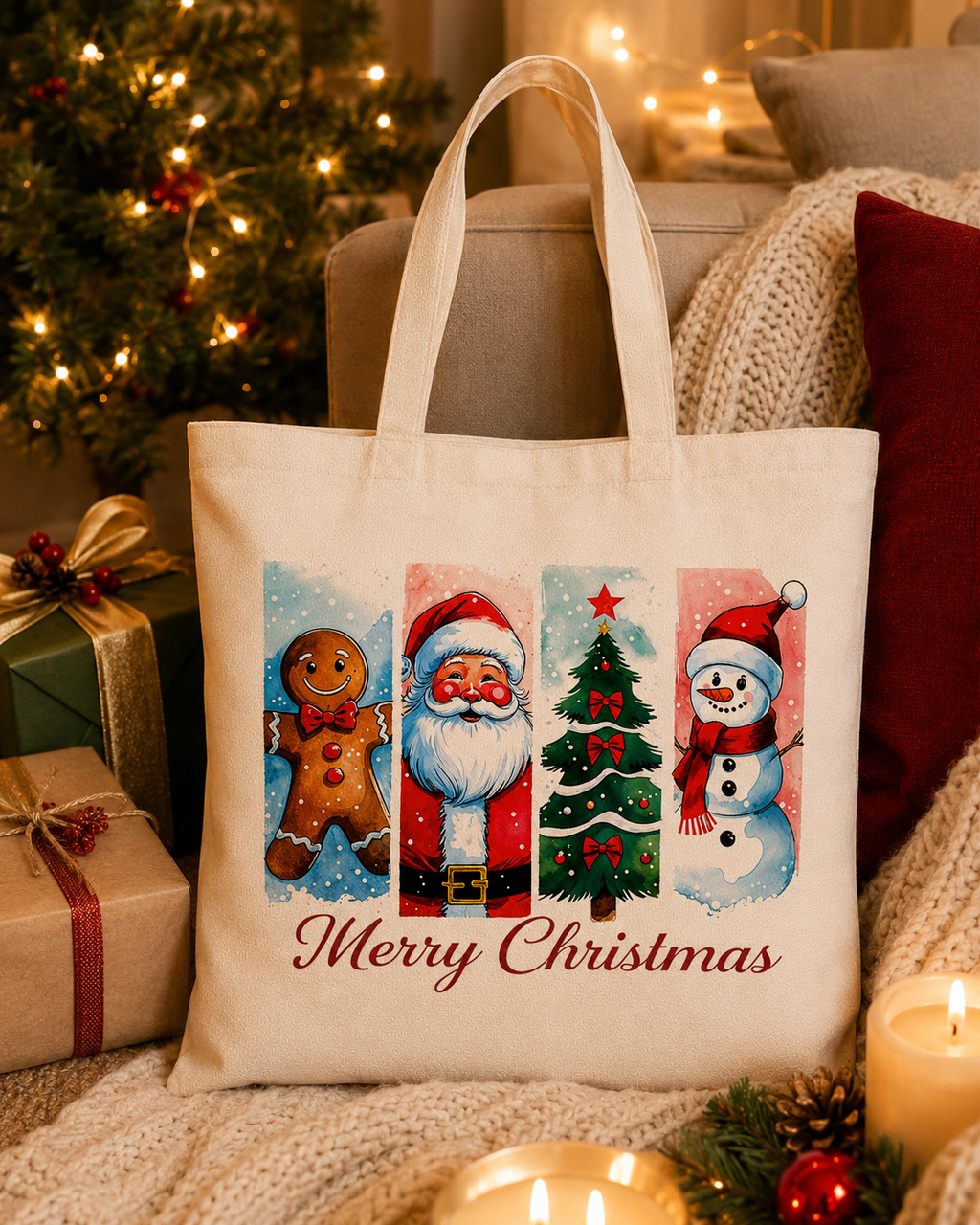 Merry Christmas – Weihnachtlicher Stoffbeutel mit Weihnachtsmann, Schneemann, Lebkuchenmann und Tannenbaum | Baumwolltasche | Geschenkidee