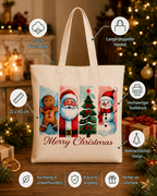 Merry Christmas – Weihnachtlicher Stoffbeutel mit Weihnachtsmann, Schneemann, Lebkuchenmann und Tannenbaum | Baumwolltasche | Geschenkidee