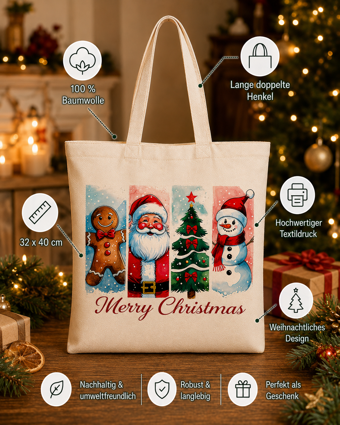 Merry Christmas – Weihnachtlicher Stoffbeutel mit Weihnachtsmann, Schneemann, Lebkuchenmann und Tannenbaum | Baumwolltasche | Geschenkidee