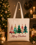 Merry Christmas Trees – Weihnachtlicher Stoffbeutel mit bunten Tannenbäumen | Baumwolltasche mit langen Henkeln | Nachhaltige Geschenkidee zu Weihnachten