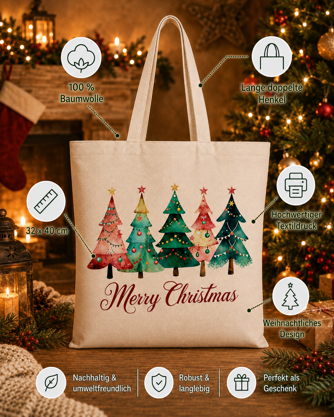 Merry Christmas Trees – Weihnachtlicher Stoffbeutel mit bunten Tannenbäumen | Baumwolltasche mit langen Henkeln | Nachhaltige Geschenkidee zu Weihnachten