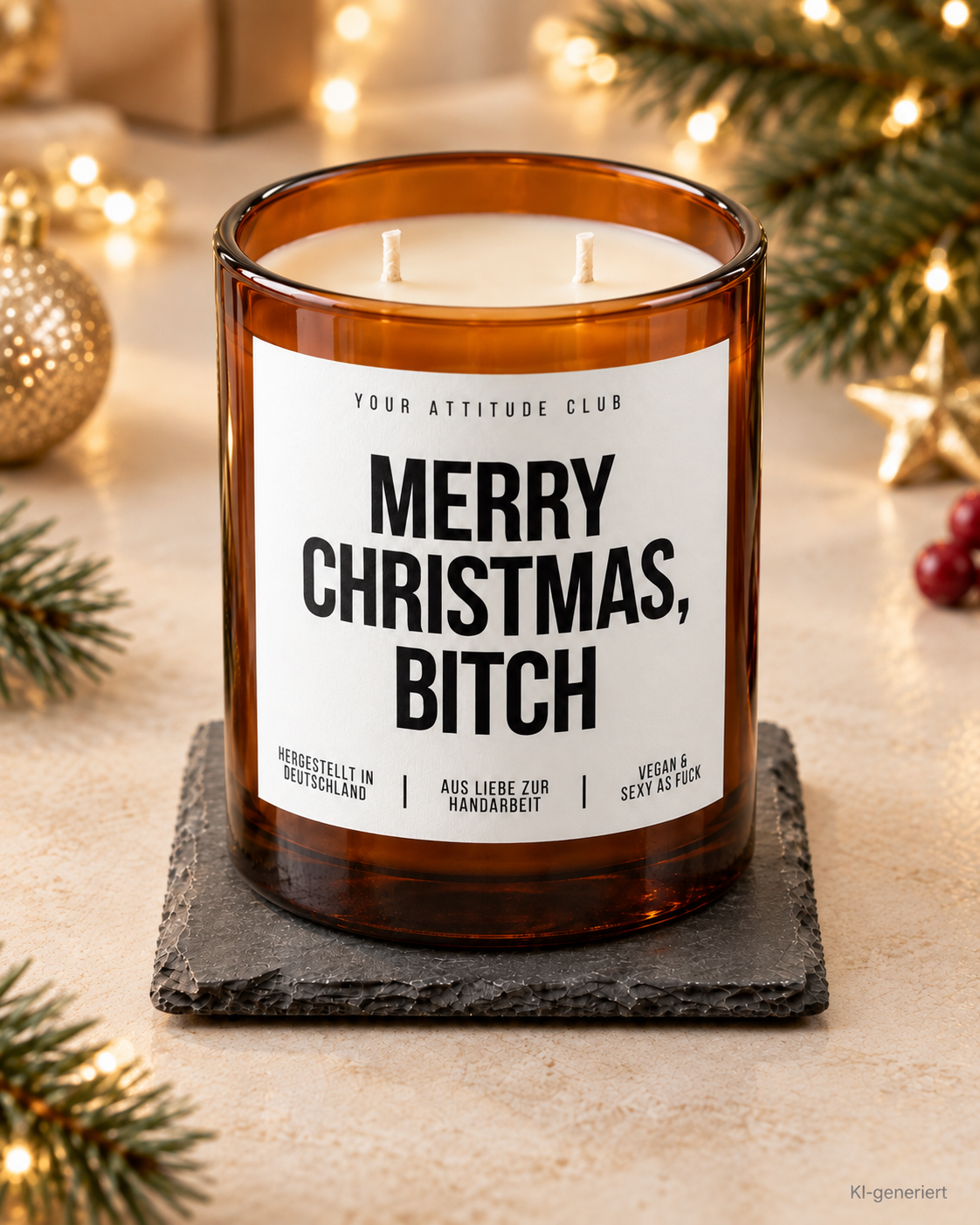 MERRY CHRISTMAS, BITCH – Weihnachtskerze Naturgras Etikett | Lustiges Weihnachtsgeschenk | Geschenk für Freundin & Kollegin | Geschenkidee Weihnachten