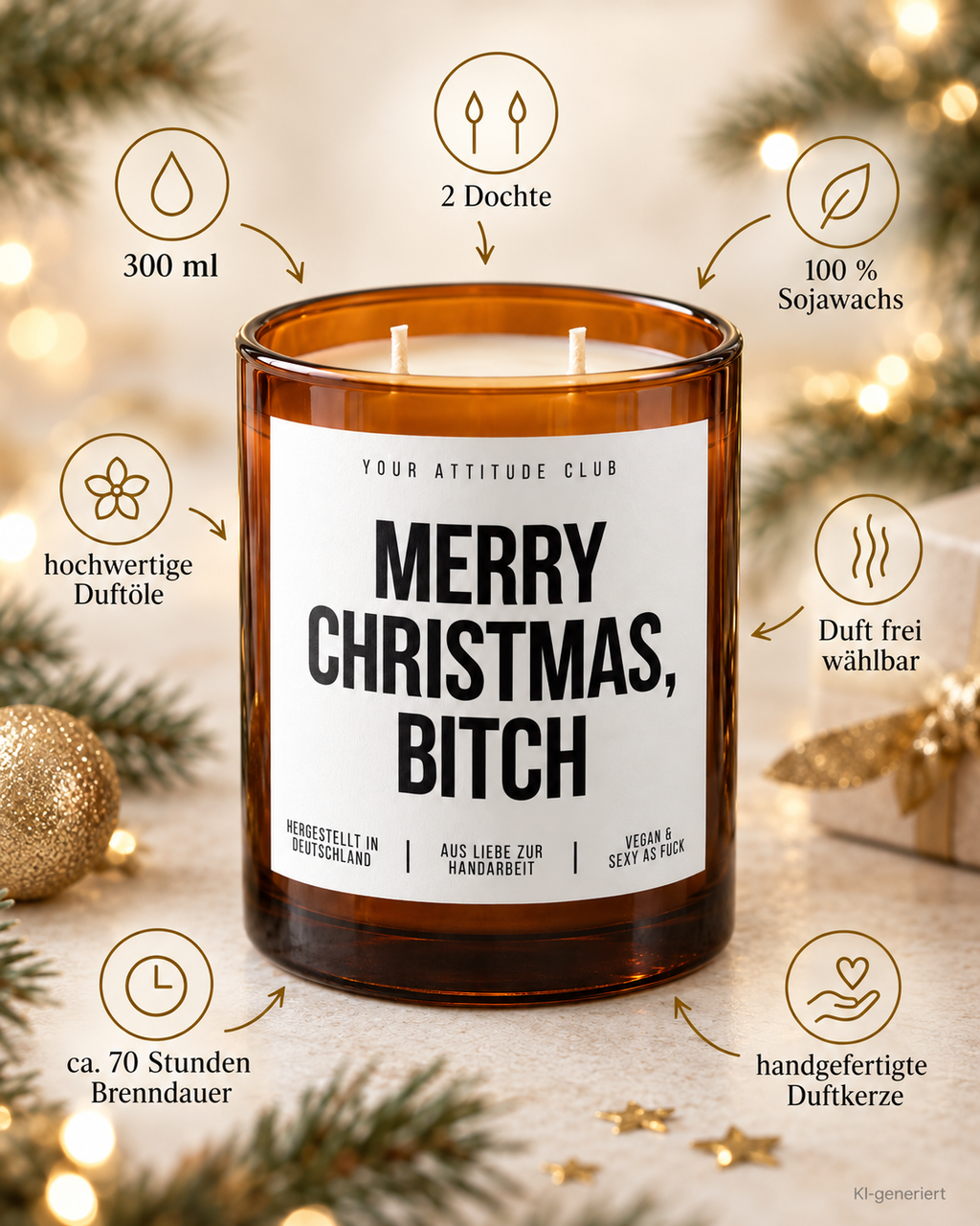 MERRY CHRISTMAS, BITCH – Weihnachtskerze Naturgras Etikett | Lustiges Weihnachtsgeschenk | Geschenk für Freundin & Kollegin | Geschenkidee Weihnachten
